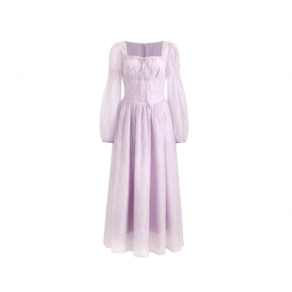 Fresh Purple Long Square Neck Long-sleeved Dress Women's Summer French Retro Daughter Style Temperament Waist Skirt