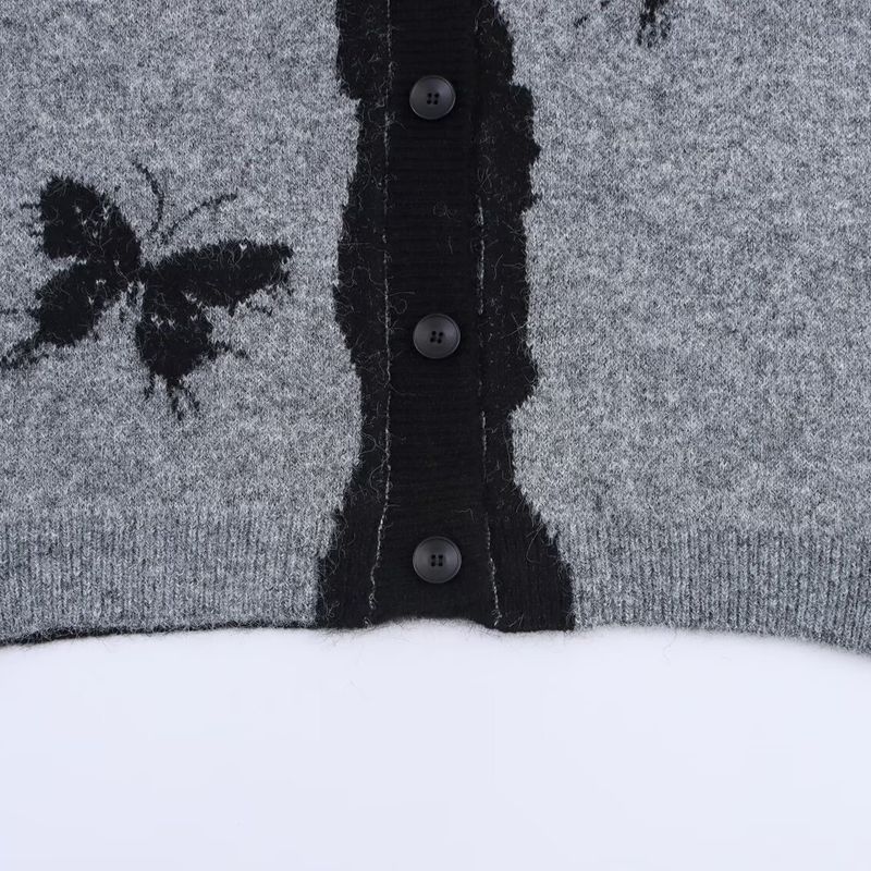 Kaslead New Women Clothes Western Style Lazy Butterfly Jacquard V-neck Long Sleeve Knit Sweater Cardigan Outerwear