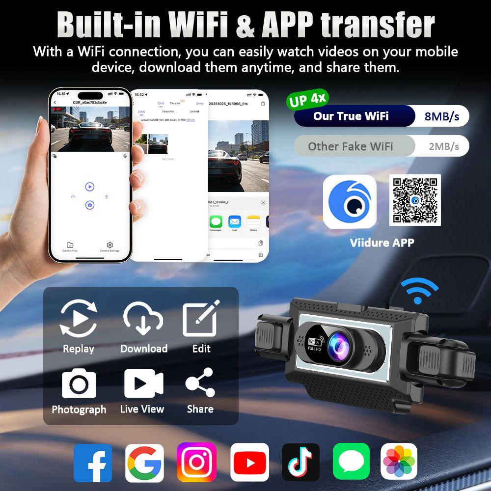 360° autokamera se 4 objektivy pro auta, WiFi aplikace, 1080P, 4-kanálový videozáznamník jízdy, kamera do kabiny a zadní kamera