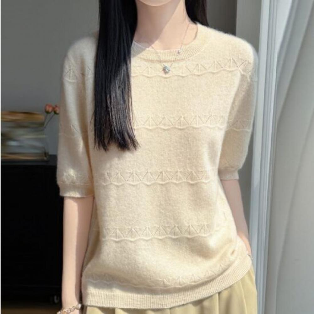 Navava Basic Soft Punching Round Neck 5 Short Sleeve Knit Tee Nk3650