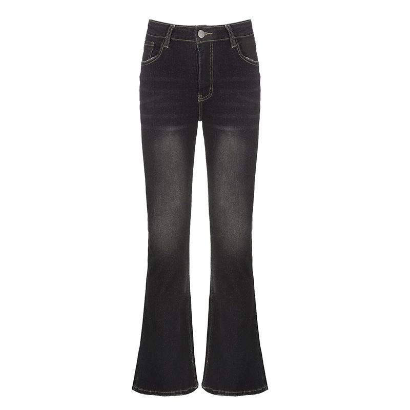 

Stylish American Retro Tooling Style Pocket Denim Bootcut Trousers Washed and Worn Design Low Waist Sexy Casual Pants NWWIP28641 Black L