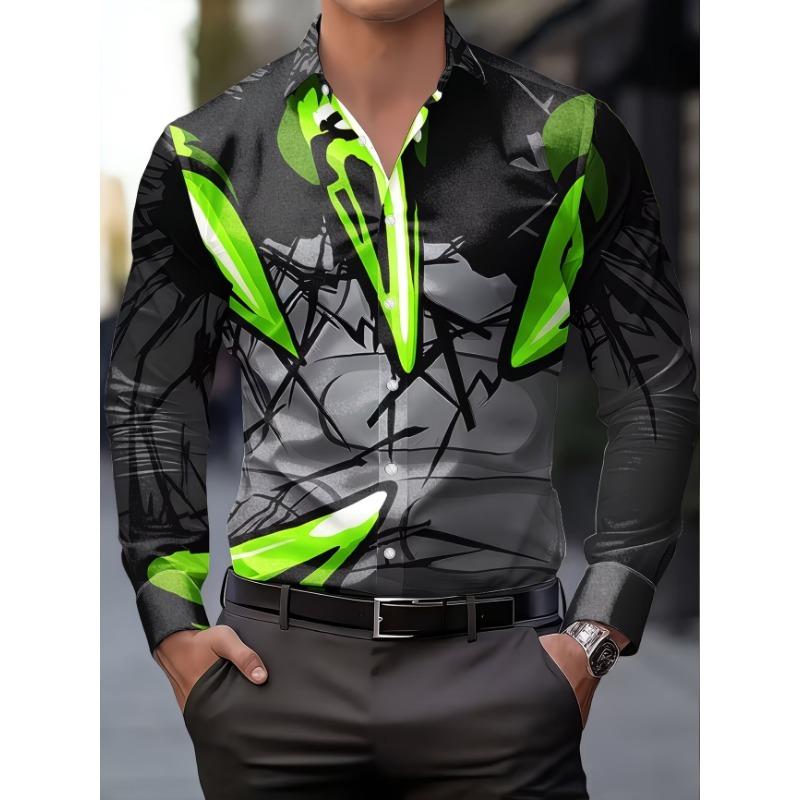 Nueva camisa de manga larga para hombre con estampado de arte fluido degradado de llamas, camisa floral casual personalizada de corte slim