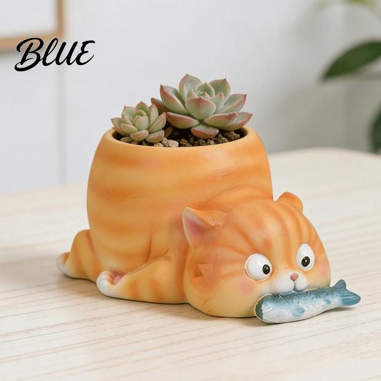 Langlebige Harz-Katzenfigur Pflanzgefäß Fressender Fisch Pflanzgefäß Niedriger Blumentopf mit Drainage Lustiger Kleiner Innenbehälter Corgi für Sukkulenten Pflanzen,