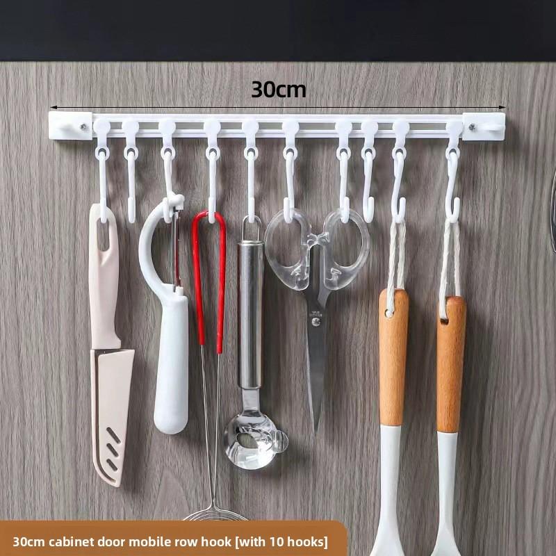 No-hole Sliding Sticky Hooks Behind Kitchen Cabinet Doors with Rows of Storage Track Hooks