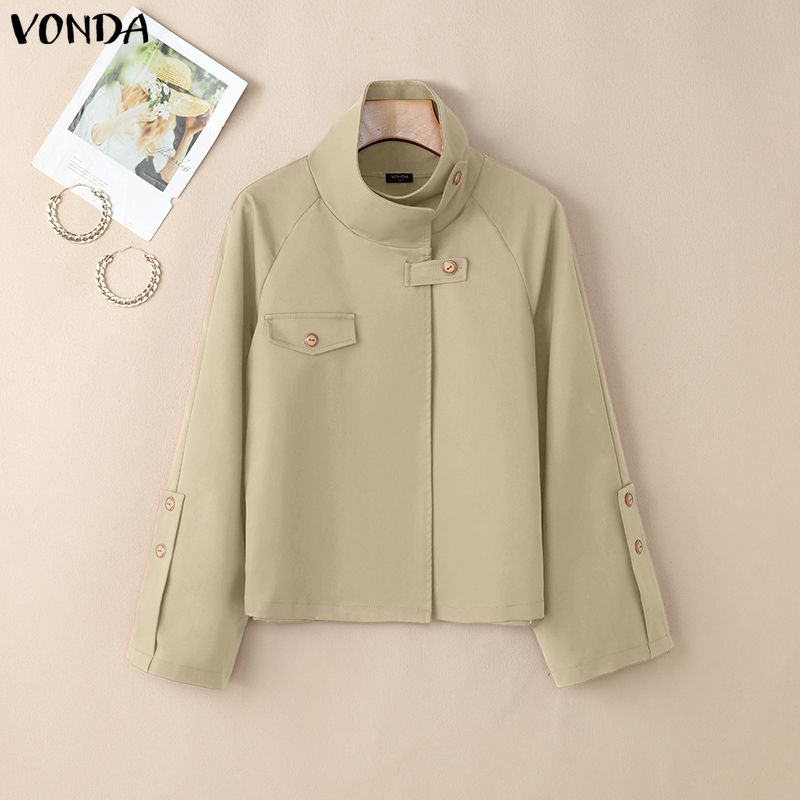 VONDA Autumn Spring Women Stand Collar Button Long Sleeve Casual Loose Short Jacket Gargo Thin Coats