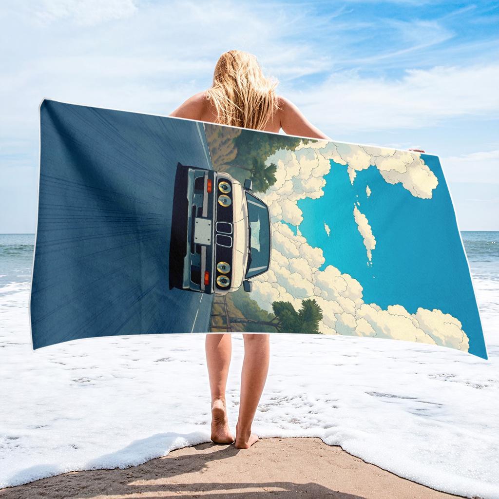 1Pc Men'S Dream Car Printed Beach Towel - Soft, Absorbent, Quick Drying - Suitable For Swimming, Camping, And Bathing