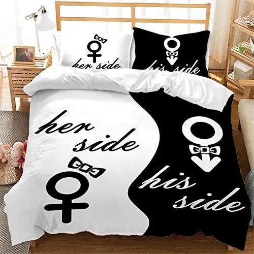 Black And White Duvet Cover Set King And Queen Bedding Set For Couple Romantic Valentine's Day Presents Polyester Duvet Cover