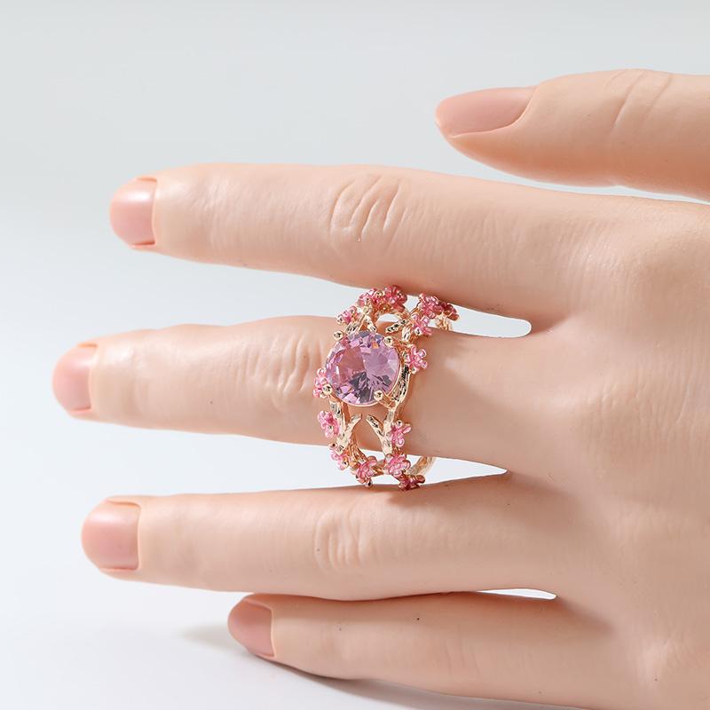 Vintage Inlaid Pink CZ Flower Women's Ring Aesthetic Gold Color Hand Carving Daily Wear Party Jewelry Anniversary Gift