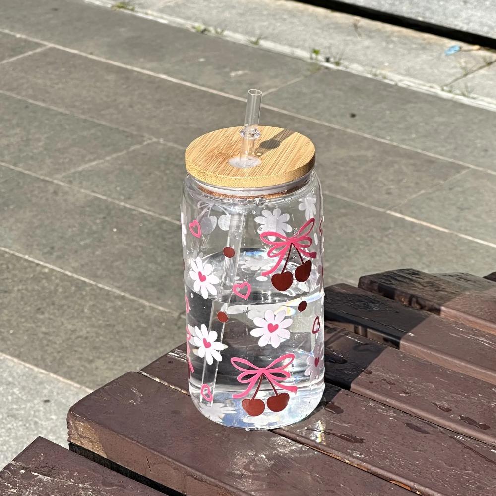 500ml Roztomilý skleněný hrnek s mašličkou, tumbler, láhev na vodu ve tvaru zavařovací sklenice s víčky a brčkem, hrnky na kávu, párty dárek na ledovou kávu, sklenice na džus