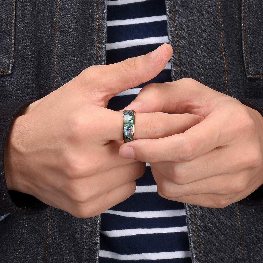 Fashion Men Stainless Steel Rings Inlay Rainbow Abalone Shell Rings For Men Women Wedding Engagement Band Jewelry