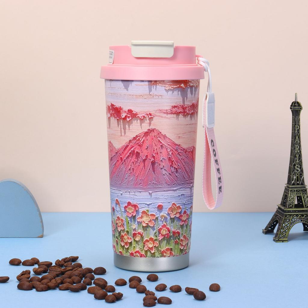 High-value Lily of the Valley Coffee Cup, Thickened 316 Stainless Steel Thermos Cup, Portable Rope, Car Double Drinking Straw Water Cup