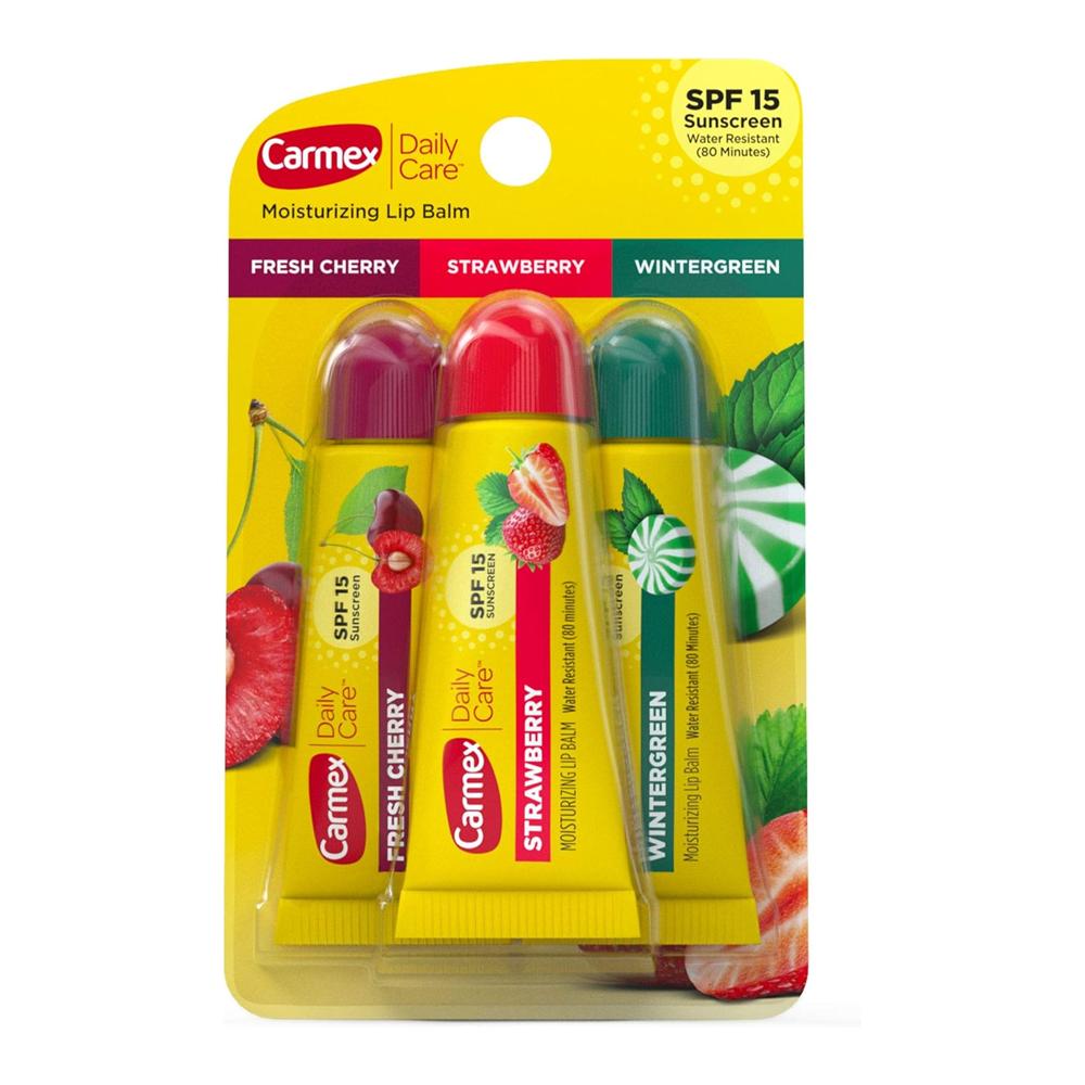 Lip Balm Set, Carmex, Cherry Strawberry Mint, Spf 15 Sun Protection, Long-Lasting Moisture, 3 X 10