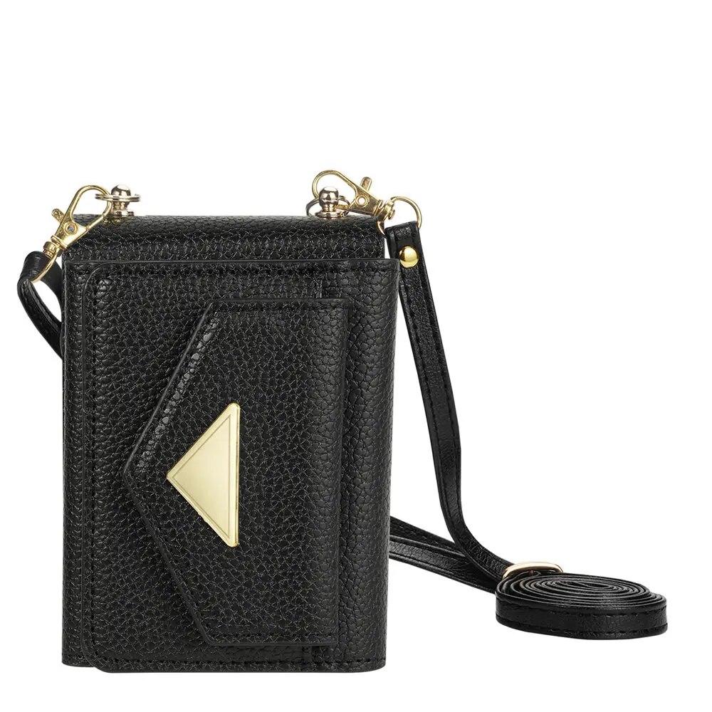 

Кожаный чехол с ремешком через плечо для Samsung Galaxy Z Flip 5 4 3 S23 S22 Ultra S21 FE A14 A54 A13 A53, кошелек, держатель для карт, ожерелье, противоударный чехол Samsung Galaxy Z Flip 3 чёрный