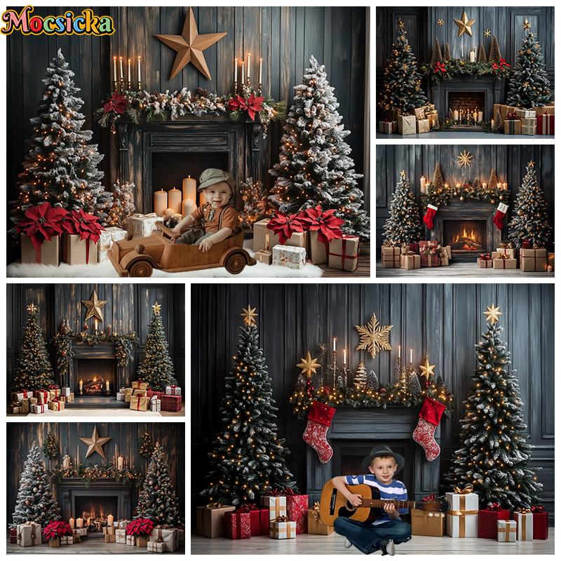 Mocsicka Christmas Tree Photography Background Gift Fireplace Home Wood Wall Decoration Baby Photo Backdrop Shooting Prop Studio