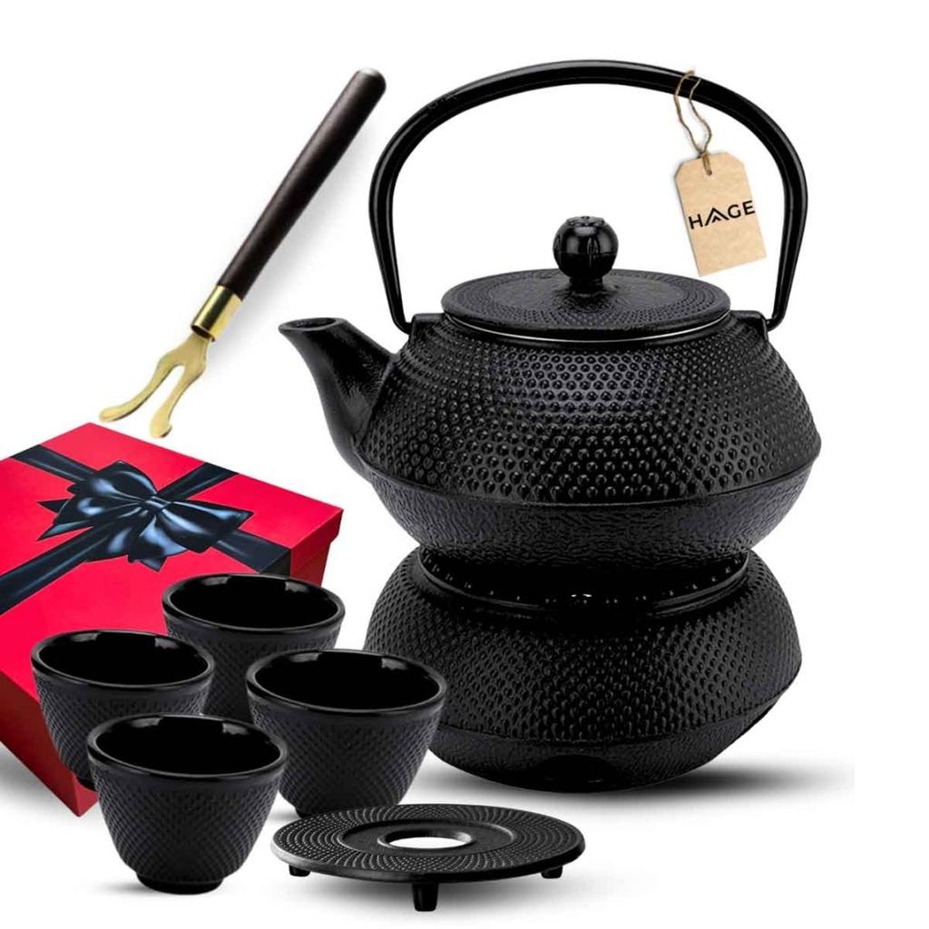 CAST IRON TEA INFUSER BLACK 900ml TEAPOT WITH WARMER AND CUPS GIFT
