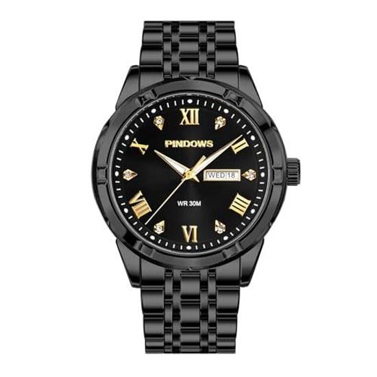 PINDOWS Mens Luxury Wristwatch Diamond Decoration Business Dress Specification Analog Quartz Type Waterproof Luminous Date Display Function Two-tone