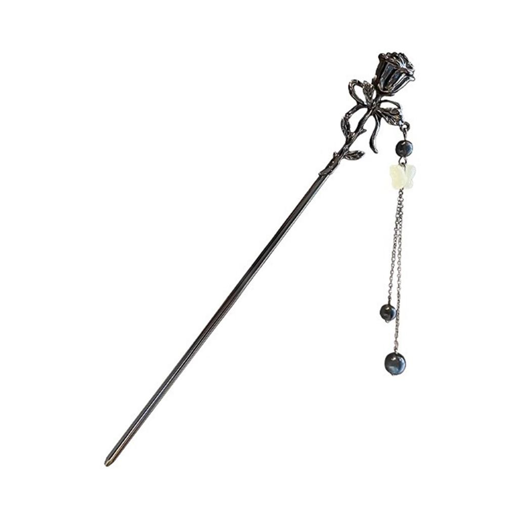 Neo Chinese Style Hairpin For Women Elegant Black Rose Tassel Hair Stick Trendy Metal Flower Hair Pin Girls Hair Accessories