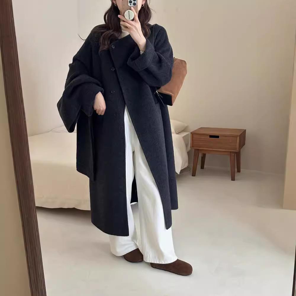 Loose version H version with scarf Loose double-sided wool coat, long thickened warm simple woolen coat