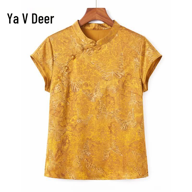 Yalu Women s Jacquard Stand-Up Collar Short-Sleeve Shirt 2XL