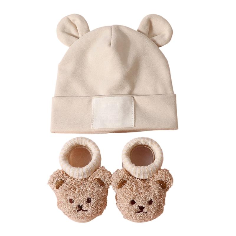 Atmungsaktive Babymütze mit Ohrenmuster und Socken Elastische Baumwoll-Polyester-Mischung Sanft zu empfindlicher Haut Sicherer Sitz für Säuglinge