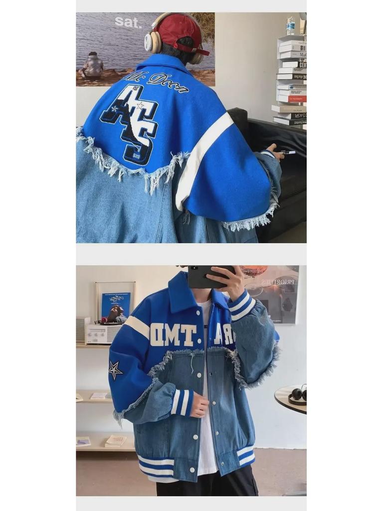 Men's Autumn Denim Patchwork Wool Coat - American High Street Fashion, Hip-Hop Trend, Loose Fit, Unisex.