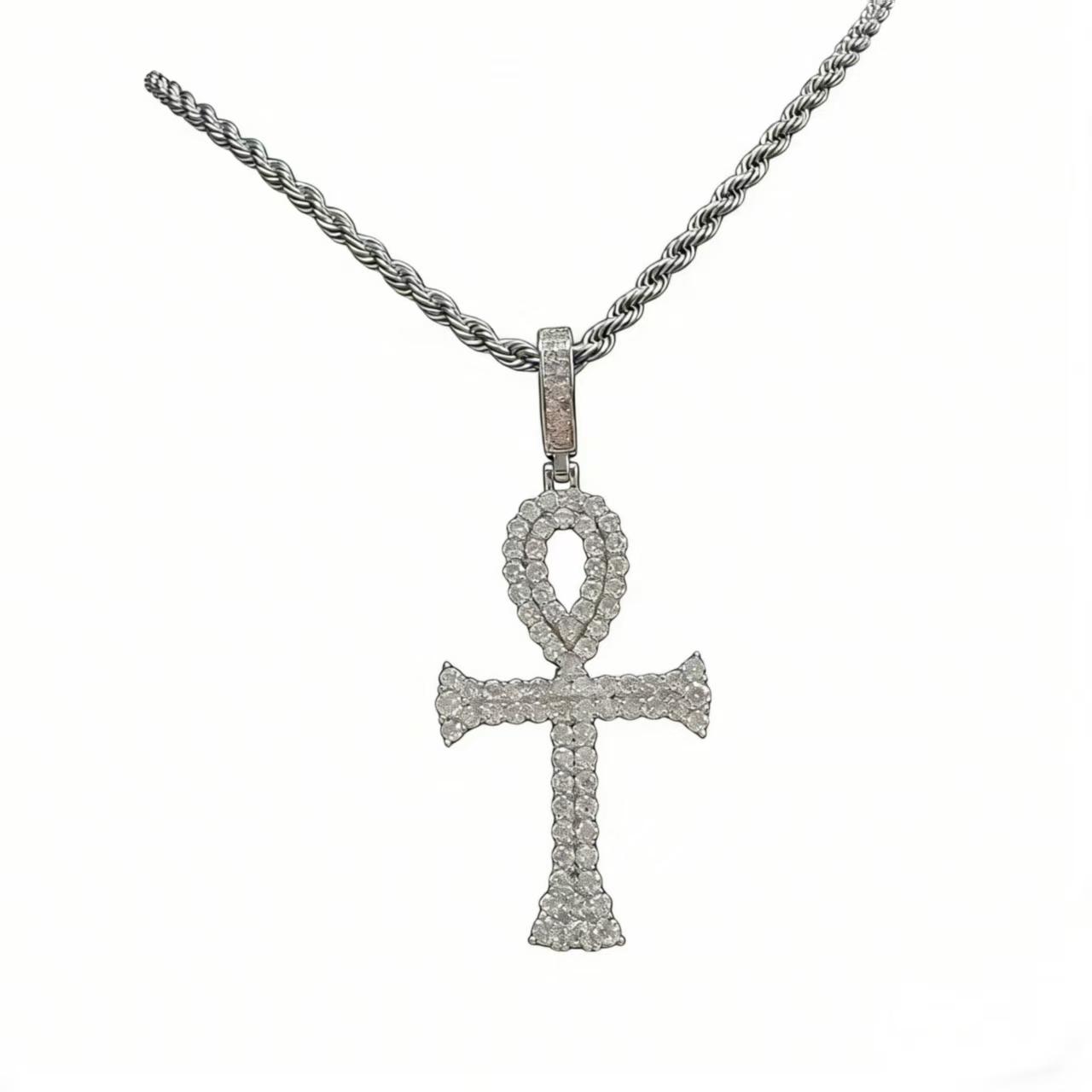 Egyptian Ankh Cross Pendant Necklace Iced Out Moissanite Hip Hop Copper Jewelry For Men Women 1.9mm белый
