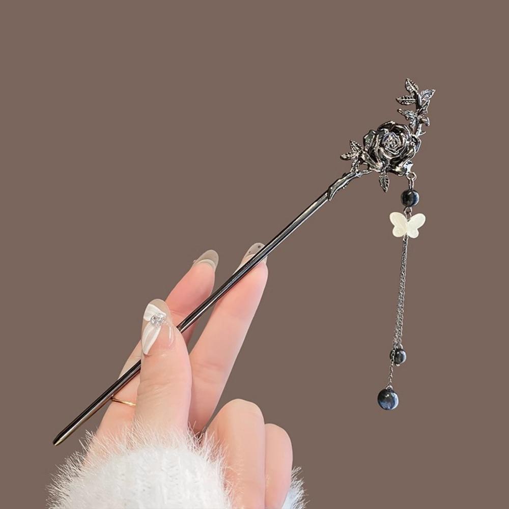 

1pc Black Metal Hair Stick: Rose & Butterfly Charm with Dangling Beads, Gothic - Style Hair Accessory