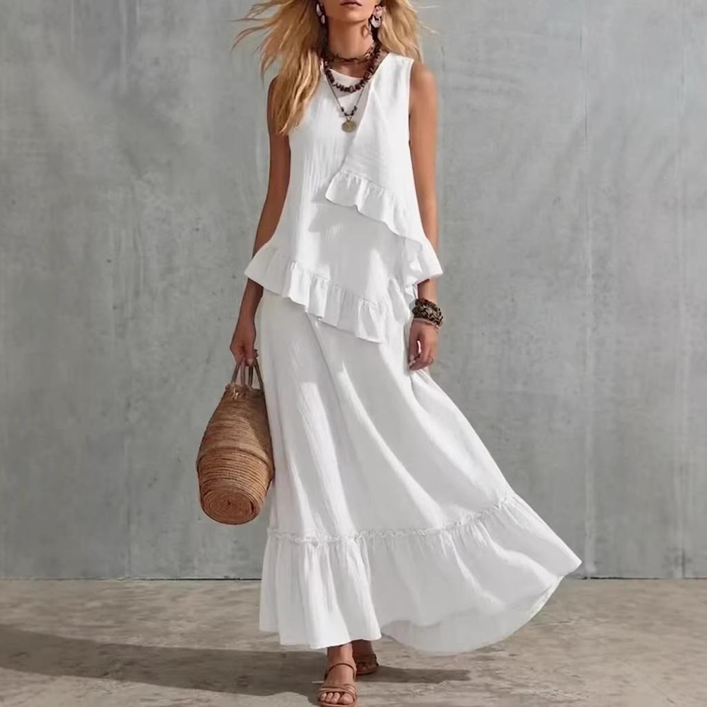 Spring and summer European and American style cotton and linen suit women's loose sleeveless dress two-piece vacation casual dress