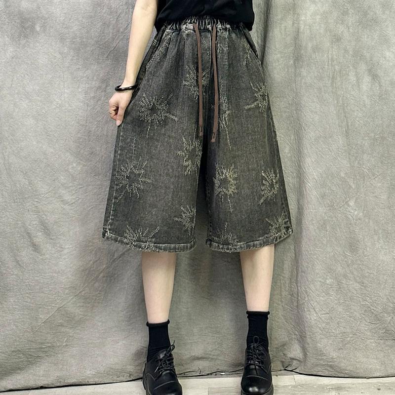 Dimanaf 2025 Summer Women Shorts Jeans Striped Pants High Waist Elastic Basic Loose Black Pants