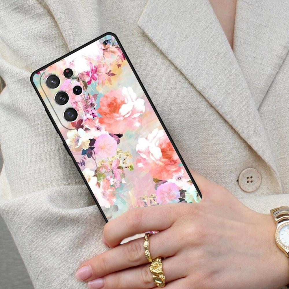 Romantic Pink Teal Watercolor Chic Floral Cell Phone Case for Samsung Galaxy S26 Ultra S25 S24 S23 S22 S21 S20 Note10 Cover