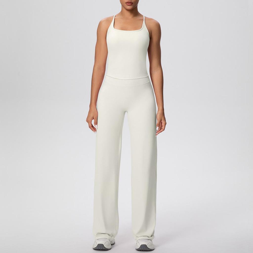 Solid Color Racerback Tank & High Waist Wide-Leg Yoga Pants Fitness Set