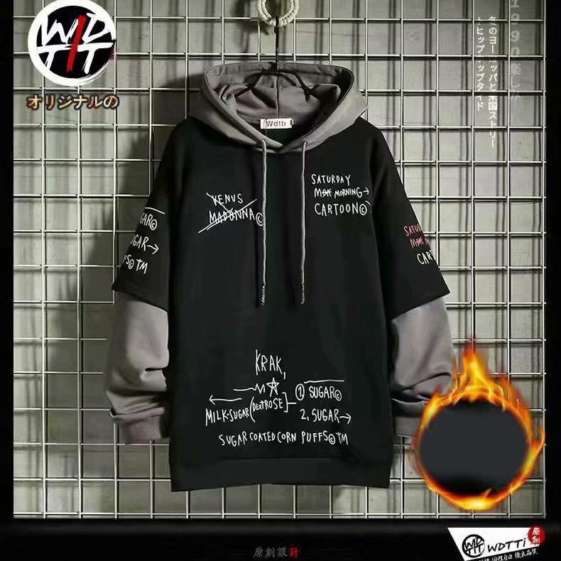 

Весна Осень Мужской свитер Ретро Имитация Двойки Капюшон Корейский Хип-Хоп Принт Толстовка Свободный Худи Мужская Флисовая Утепленная Куртка XS