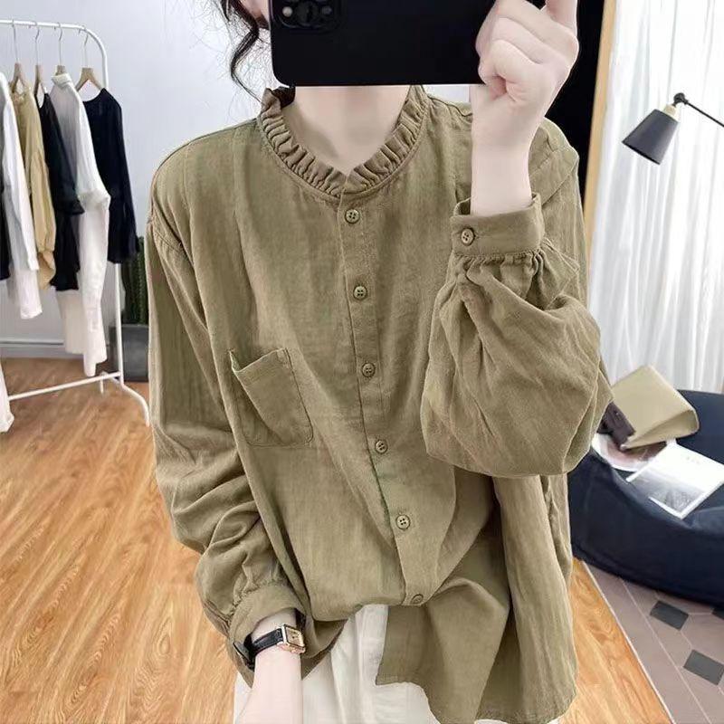 Long Sleeved Shirt for Women Solid Color Retro Loose Shirt Top for Women