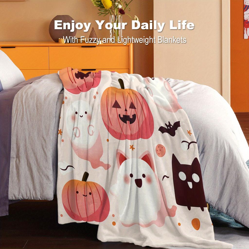 Halloween Ghost Pumpkin Cat Print Soft Flannel Blanket – Comfortable, Lightweight, Halloween Theme Flannel Blanket