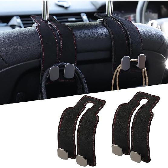 KINIVA Car Seat Headrest Storage Hooks, Set Of 2, Suede PU Leather, Double Hooks (Black)