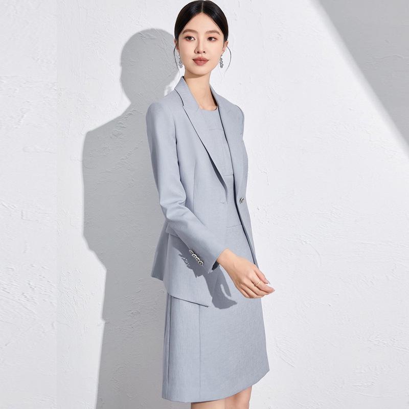 Women's High-End Gray-Blue Slim Fit Professional Suit Set - Includes Dress and Skirt