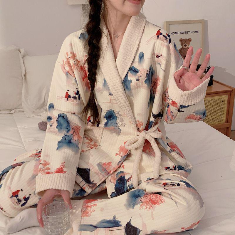 Plus Size Maternity Kimono Pajamas - Autumn/Winter Cotton for Postpartum & Breastfeeding