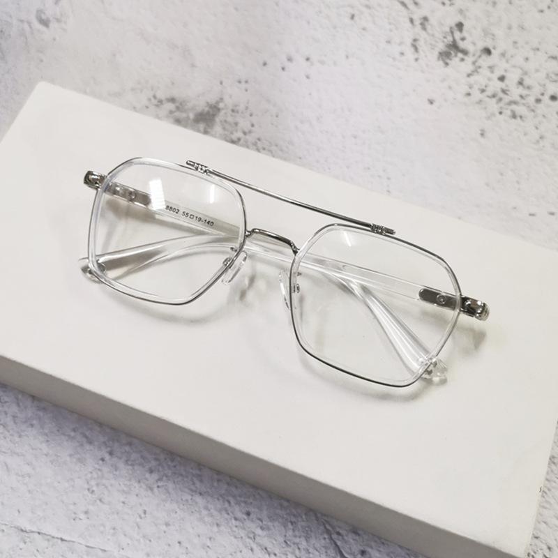 Anti-Blue Glasses Transparent Frame Retro Double Beam Pilot Flat Light Eye Frame Can Be Equipped With Degree Women'S Myopia Glasses