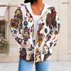 Women Plus Size Zip Up Hoodie Long Sleeve Drawstring Hood Pockets Christmas Hedgehog Print White