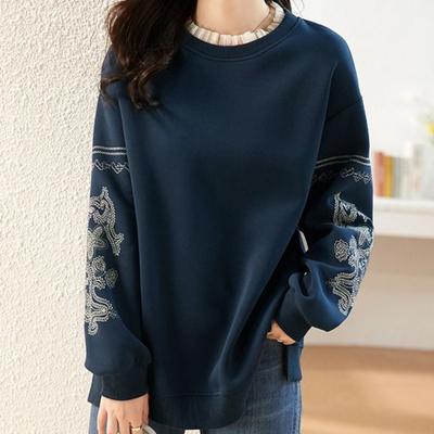 Embroidered Lace Round Neck Sweatshirt for Women Loose and Casual Long Sleeved Top