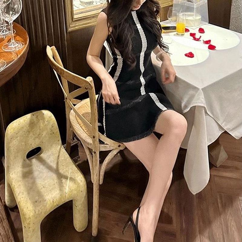 Elegant Vintage A-Line Mini Dress Sleeveless Women's Clothing Printed Fashion Pleated Waist Summer Casual Basic O-Neck Dresses