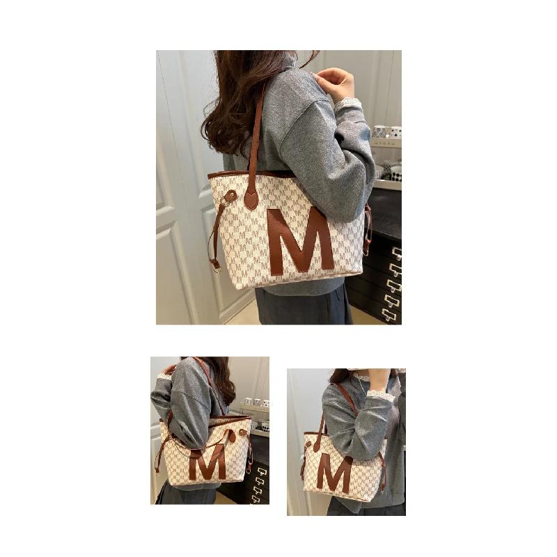 Monogrammed Tote Bag & Mini Bag Set Stylish Purses with Logo Accents Large Capacity Handbags Shoulder Bag for Women's Daily Use
