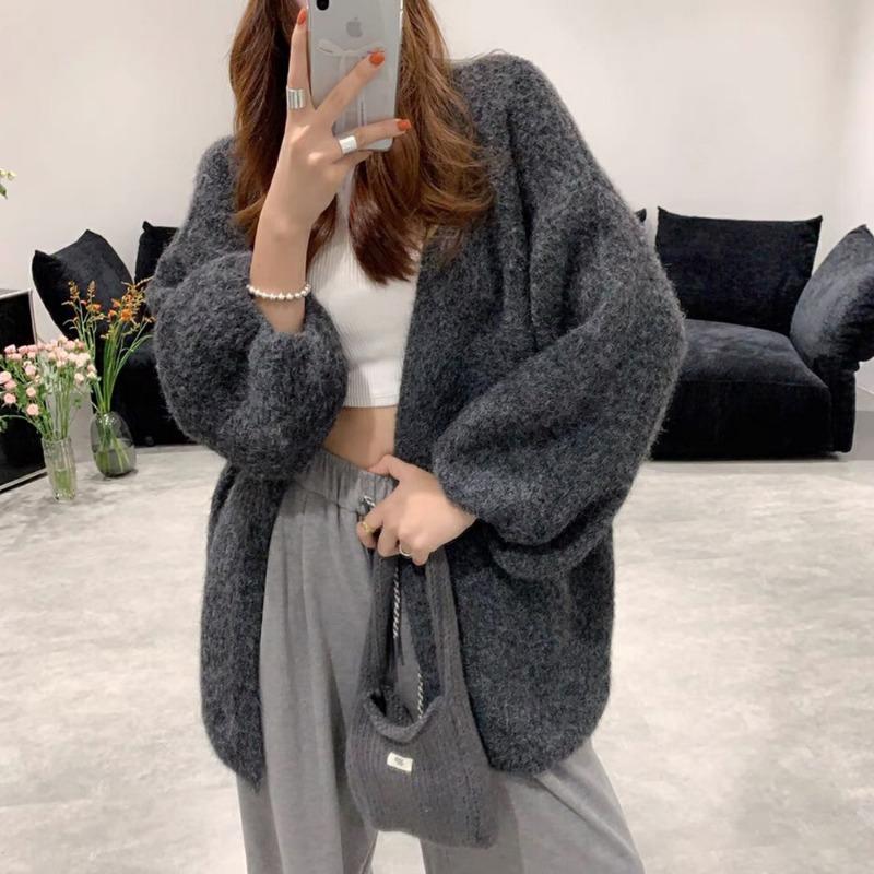 

Осень и зима новый вязаный кардиган с рукавами-фонариками женский мягкий восковой средней длины верхняя одежда свободный ленивый ветер свитер куртка One Size