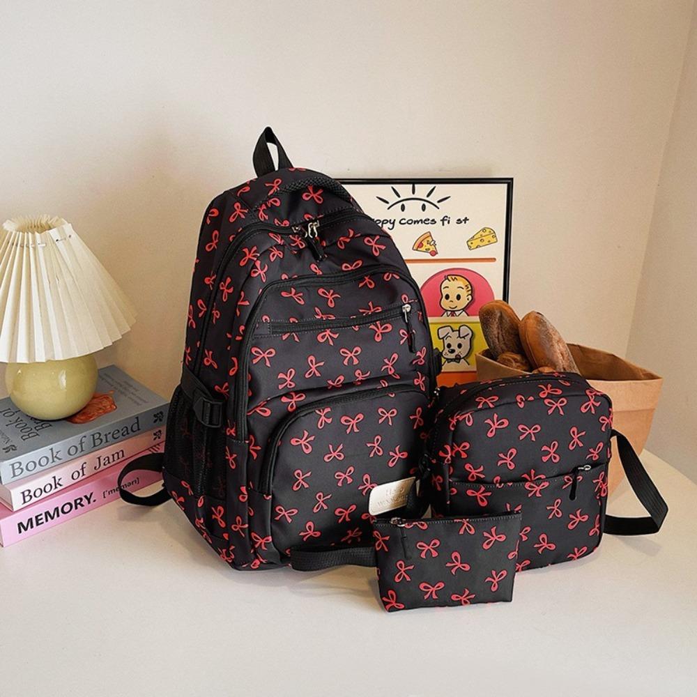 3 Pcs/Set Fashion Large Capacity Bow Backpack Nylon Adjustable Strap Student Backpack Bow Print School Bag