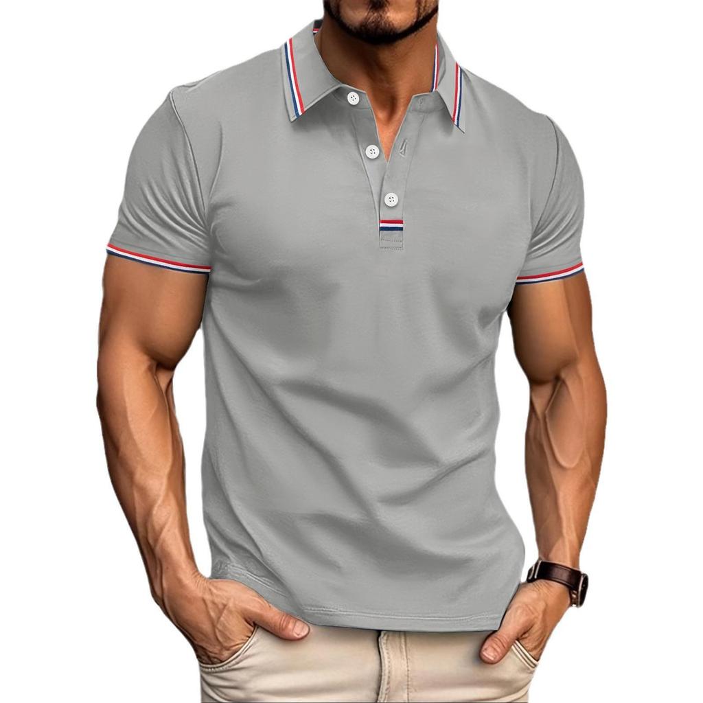 New Men's Casual Polo Shirt Lapel Placket Pull Stripes Buttons T-shirt Tops