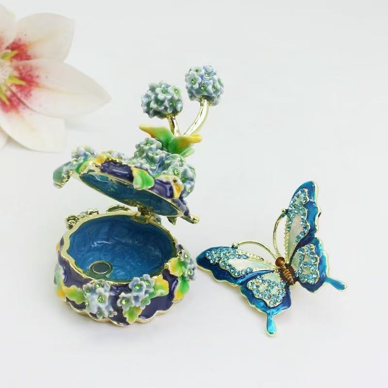 Metal Craft Enamel Ornament Blue Butterfly flowersJewelry Box Trinket counter decoration bithday gift trinket box for home decor