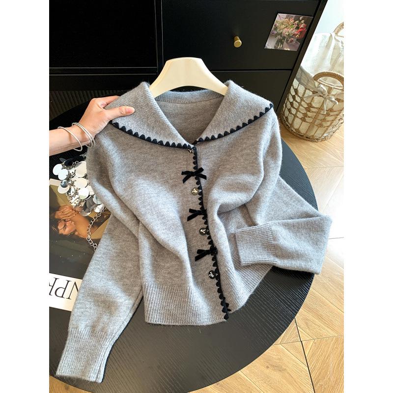 Autumn 2026 Sweet Sailor Collar Knit Cardigan with Bow & Buttons – Fashionable, Versatile, Age-Reducing Sweater