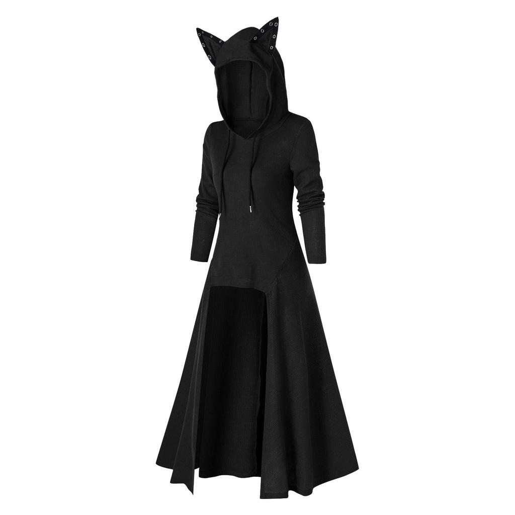 Womens Cat Ears Hooded Plus Size Vintage Cloak High Low Sweater Blouse Tops