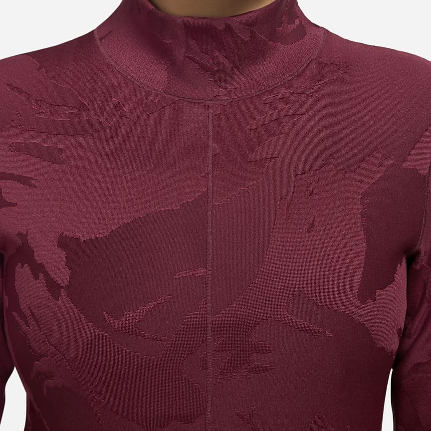 Nike Sportswear Tech Pack Logo Bestickt Tie-Dye Design Stehkragen Figurbetont Langarm-T-Shirt Damen Tops Burgunderrot DQ6997-638