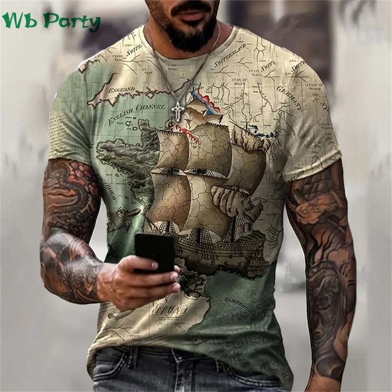 Pattern Print Mens Clothing T Shirt for Men Short Sleeve Tee Gym Clothing Men Male T-shirt Pirate Ship Print Clothes